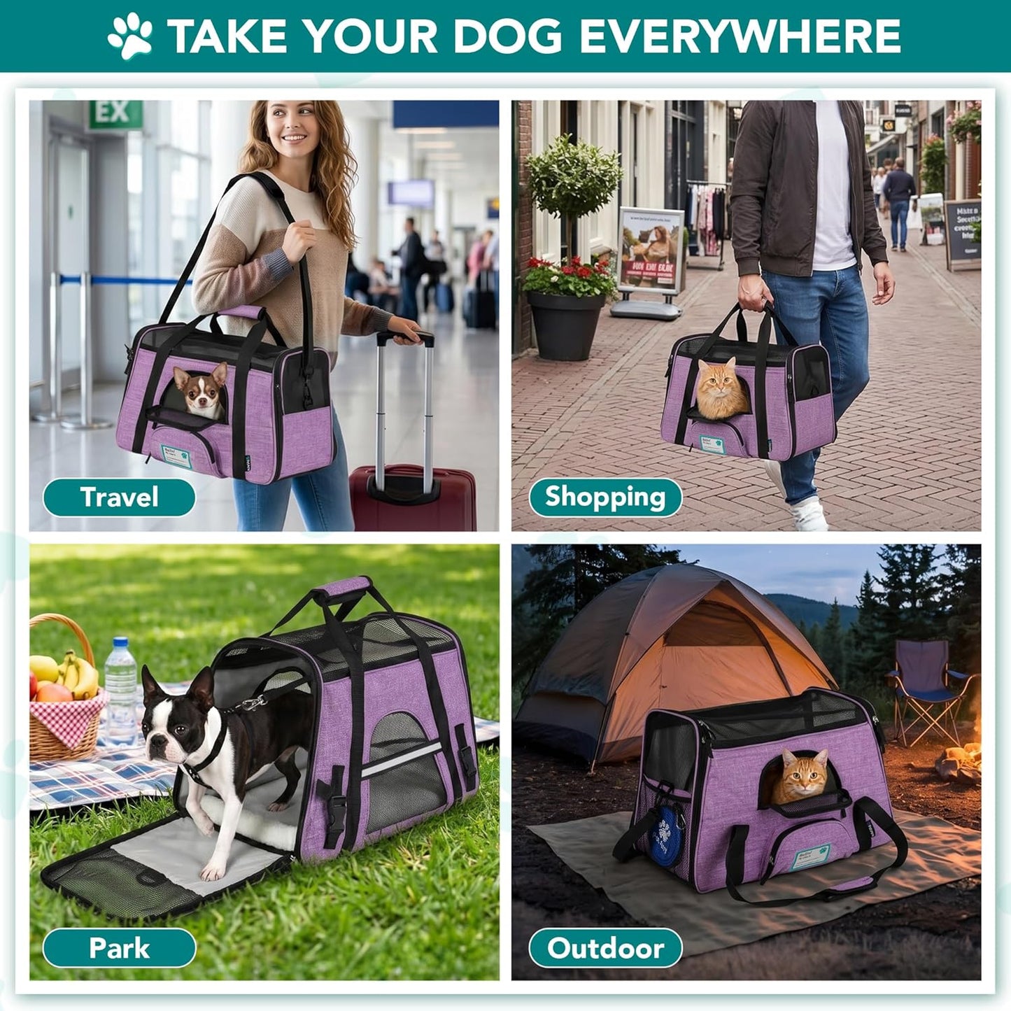 Airline-Approved Soft-Sided Pet Carrier for Cats and Small Dogs, Featuring Sherpa Bed, Breathable Mesh Ventilation, and Collapsible Bowl, Accommodates Pets Up to 18 lbs, Large Heather Purple