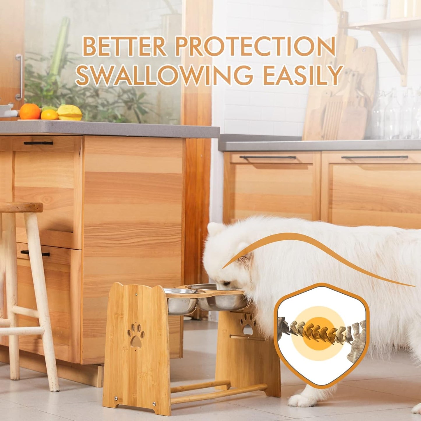 Adjustable Bamboo Elevated Dog Bowls for Cats and Dogs, Stainless Steel Anti-Slip Feet