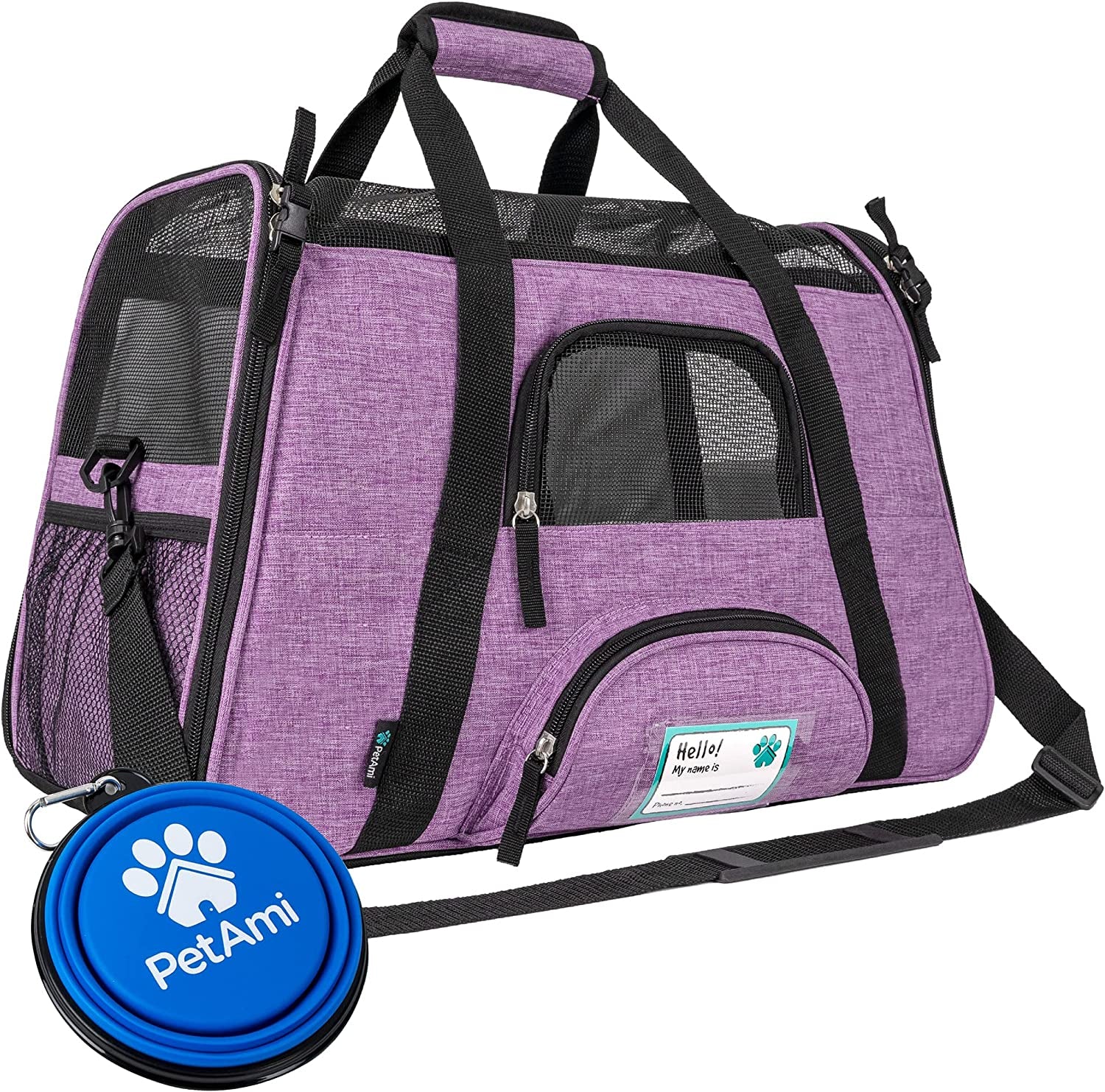 Airline-Approved Soft-Sided Pet Carrier for Cats and Small Dogs, Featuring Sherpa Bed, Breathable Mesh Ventilation, and Collapsible Bowl, Accommodates Pets Up to 18 lbs, Large Heather Purple