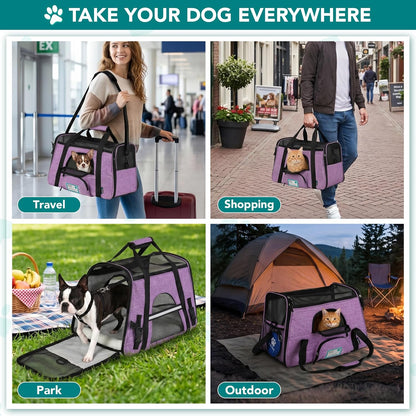 Airline-Approved Soft-Sided Pet Carrier for Cats and Small Dogs, Featuring Sherpa Bed, Breathable Mesh Ventilation, and Collapsible Bowl, Accommodates Pets Up to 18 lbs, Large Heather Purple