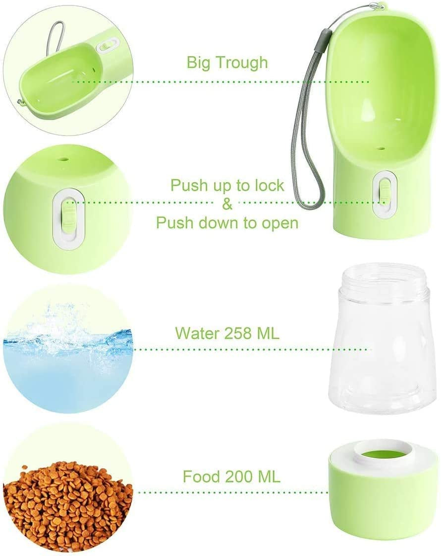 Portable Dog And Cat Water Bottle with Food Container Dishwasher Safe-Green | 3 IN1 Drinking Bottle for Pets