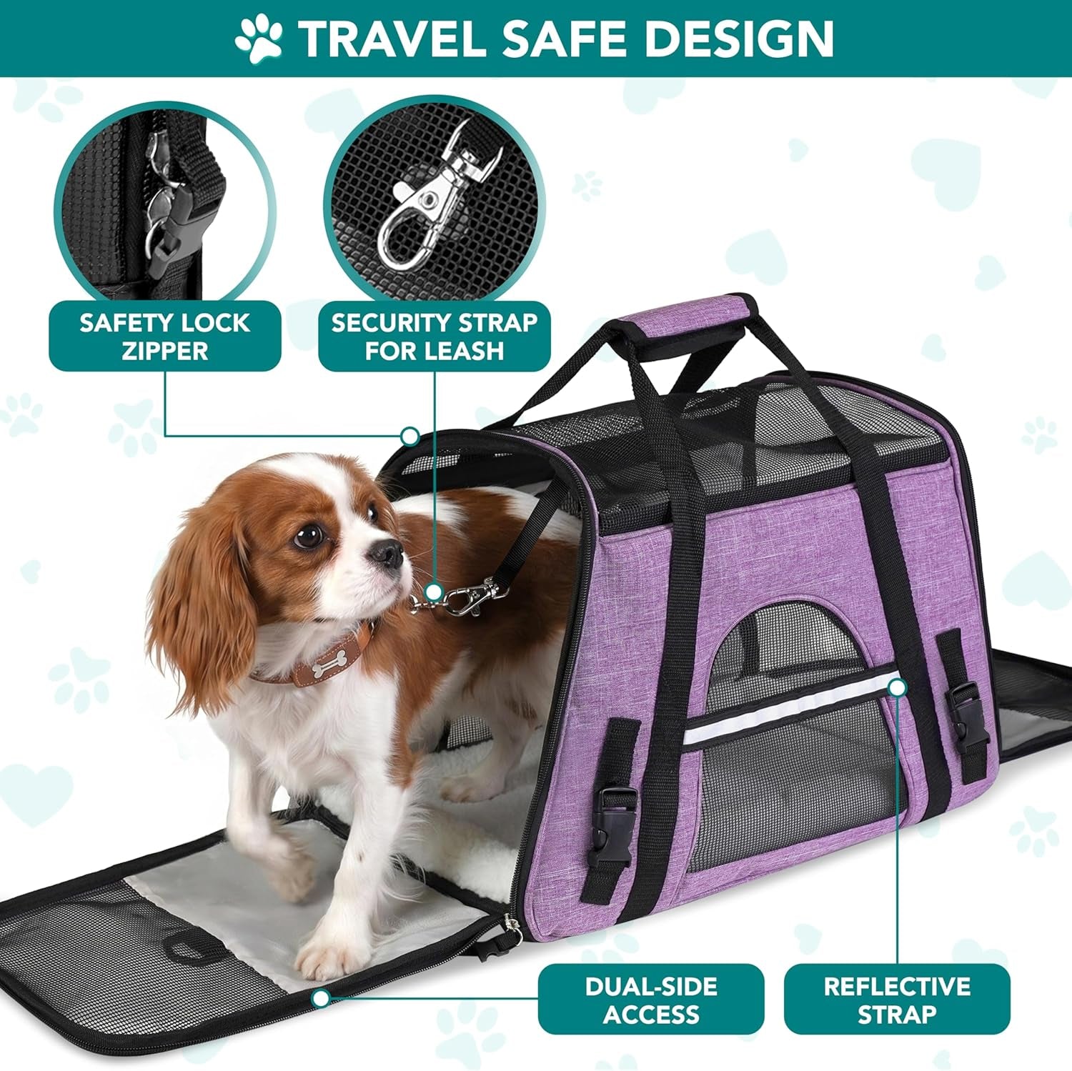 Airline-Approved Soft-Sided Pet Carrier for Cats and Small Dogs, Featuring Sherpa Bed, Breathable Mesh Ventilation, and Collapsible Bowl, Accommodates Pets Up to 18 lbs, Large Heather Purple