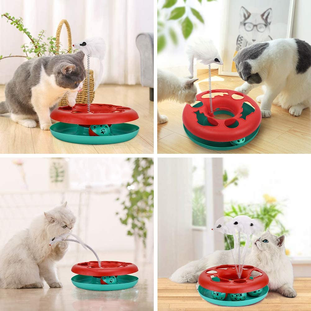 Interactive Cat Toy Set for Indoor Cats - Roller Tracks with Catnip-Infused Spring Toy and Teaser Mouse (Red)