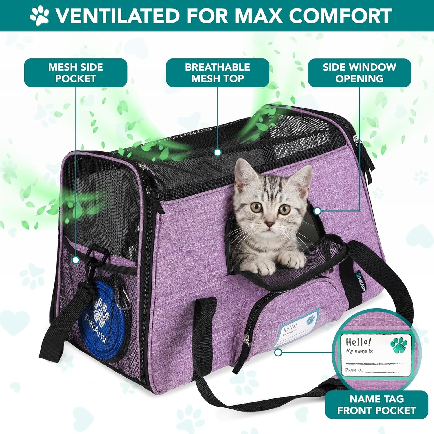 Airline-Approved Soft-Sided Pet Carrier for Cats and Small Dogs, Featuring Sherpa Bed, Breathable Mesh Ventilation, and Collapsible Bowl, Accommodates Pets Up to 18 lbs, Large Heather Purple