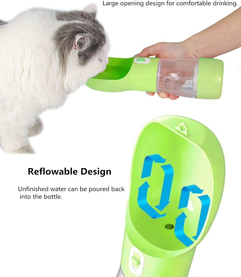 Portable Dog And Cat Water Bottle with Food Container Dishwasher Safe-Green | 3 IN1 Drinking Bottle for Pets