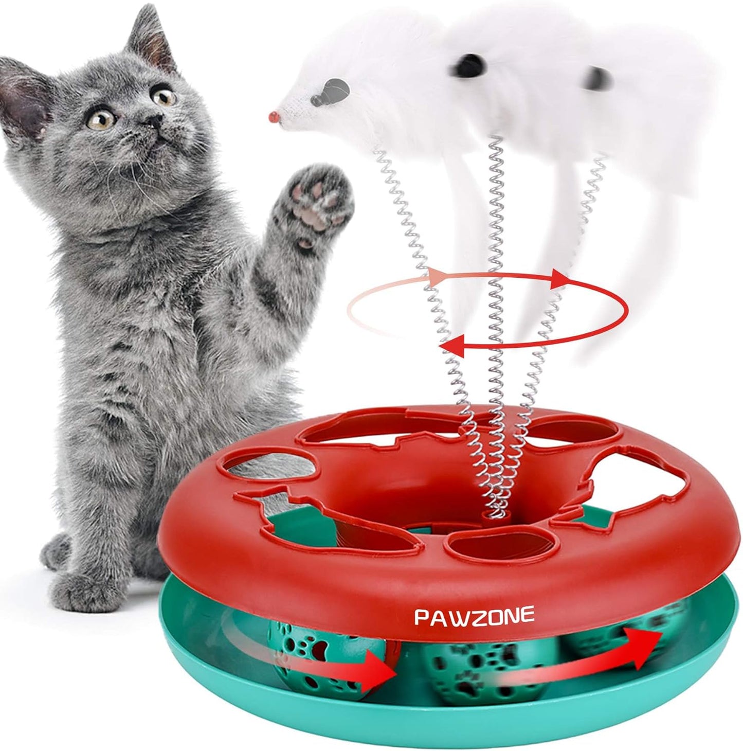 Interactive Cat Toy Set for Indoor Cats - Roller Tracks with Catnip-Infused Spring Toy and Teaser Mouse (Red)