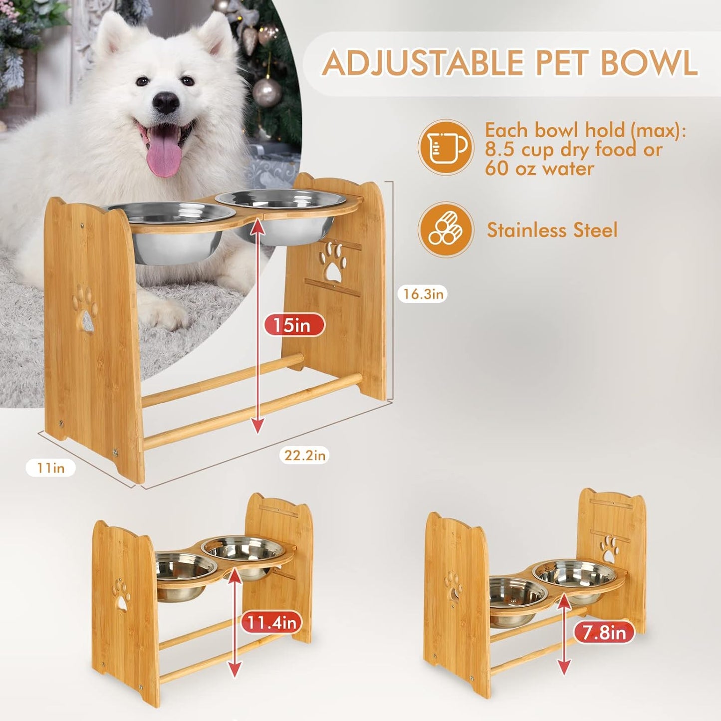 Adjustable Bamboo Elevated Dog Bowls for Cats and Dogs, Stainless Steel Anti-Slip Feet 