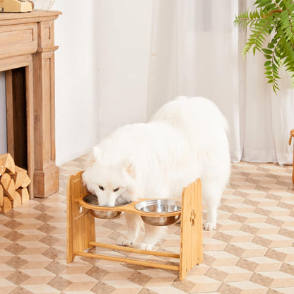 Adjustable Bamboo Elevated Dog Bowls for Cats and Dogs, Stainless Steel Anti-Slip Feet 