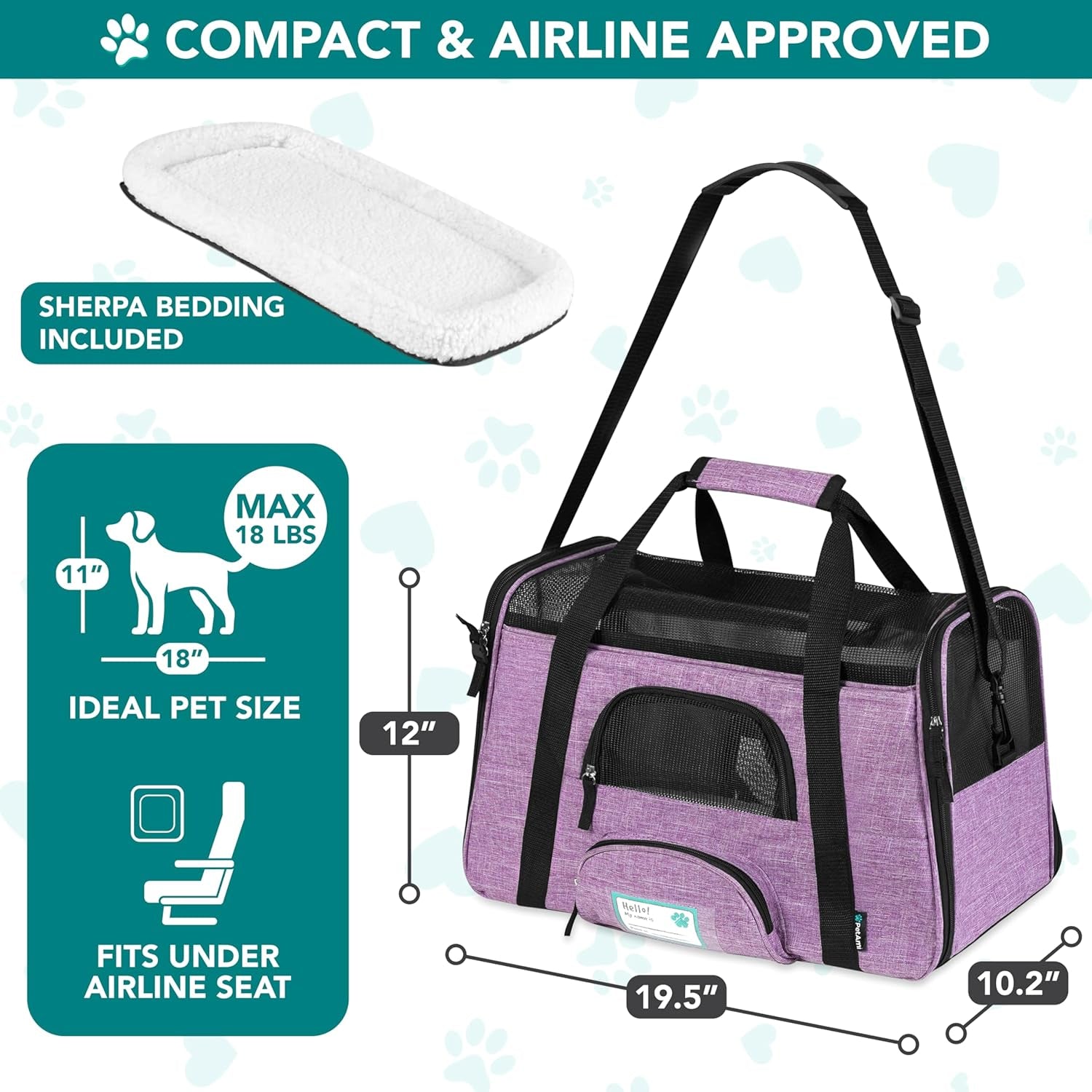 Airline-Approved Soft-Sided Pet Carrier for Cats and Small Dogs, Featuring Sherpa Bed, Breathable Mesh Ventilation, and Collapsible Bowl, Accommodates Pets Up to 18 lbs, Large Heather Purple