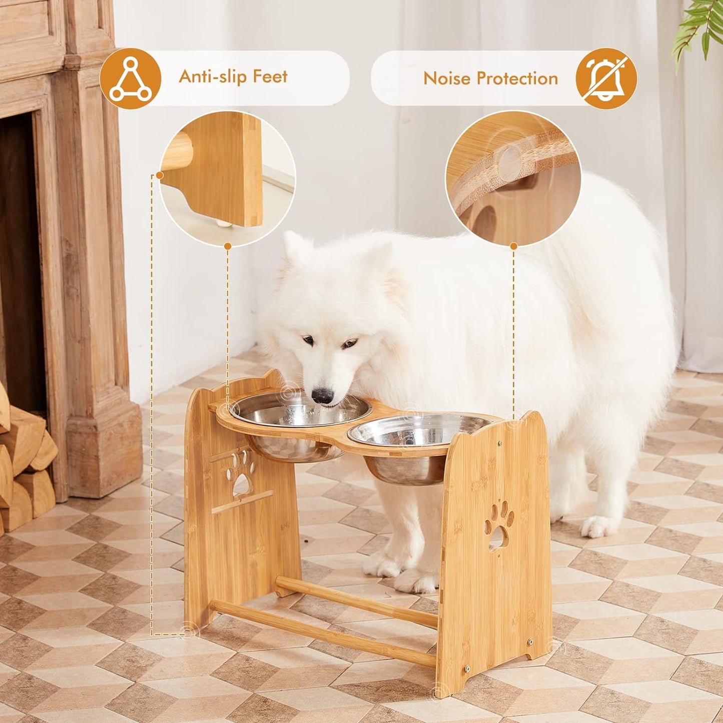 Adjustable Bamboo Elevated Dog Bowls for Cats and Dogs, Stainless Steel Anti-Slip Feet 