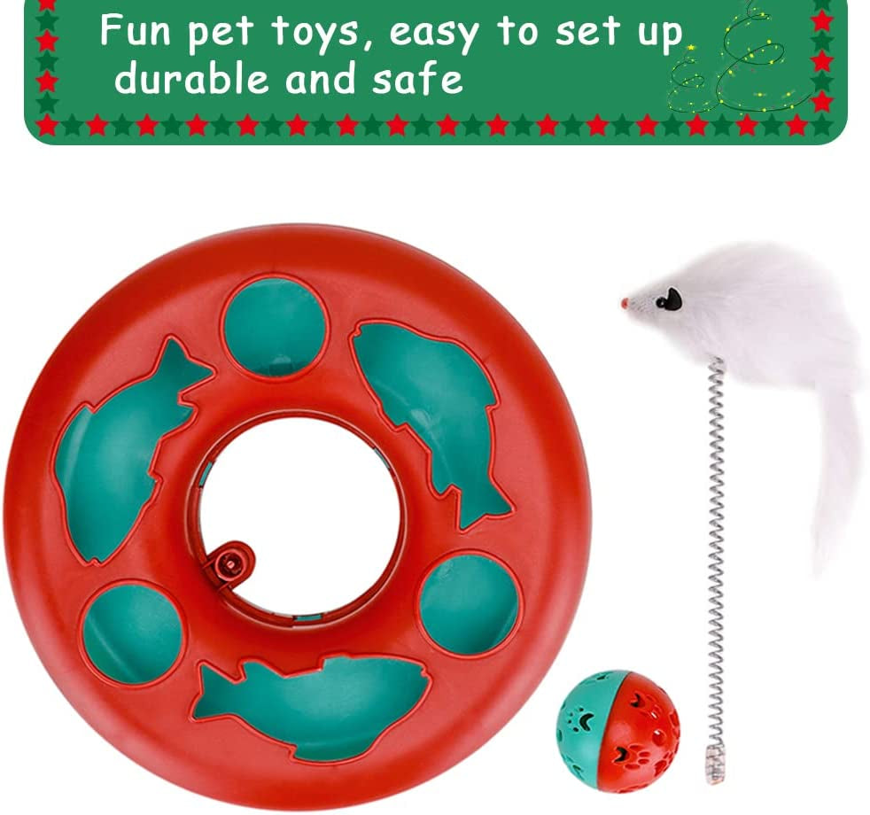 Interactive Cat Toy Set for Indoor Cats - Roller Tracks with Catnip-Infused Spring Toy and Teaser Mouse (Red)
