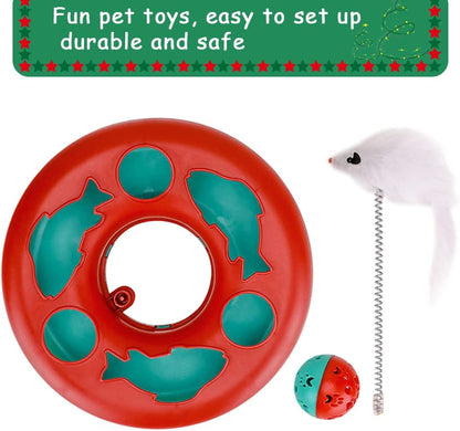 Interactive Cat Toy Set for Indoor Cats - Roller Tracks with Catnip-Infused Spring Toy and Teaser Mouse (Red)