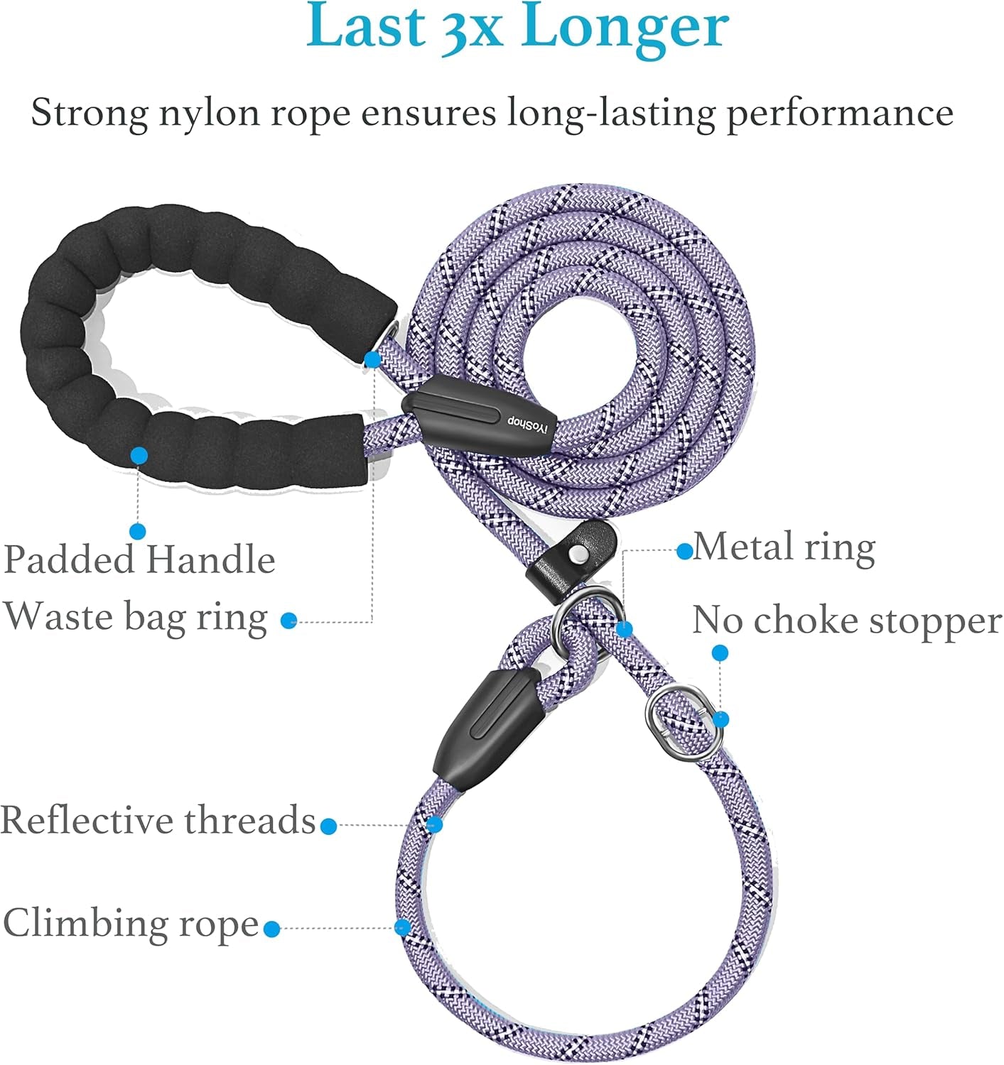 Durable Slip Lead Dog Leash with Padded Handle and Highly Reflective  (3/8" X 6 FT, Lavender)