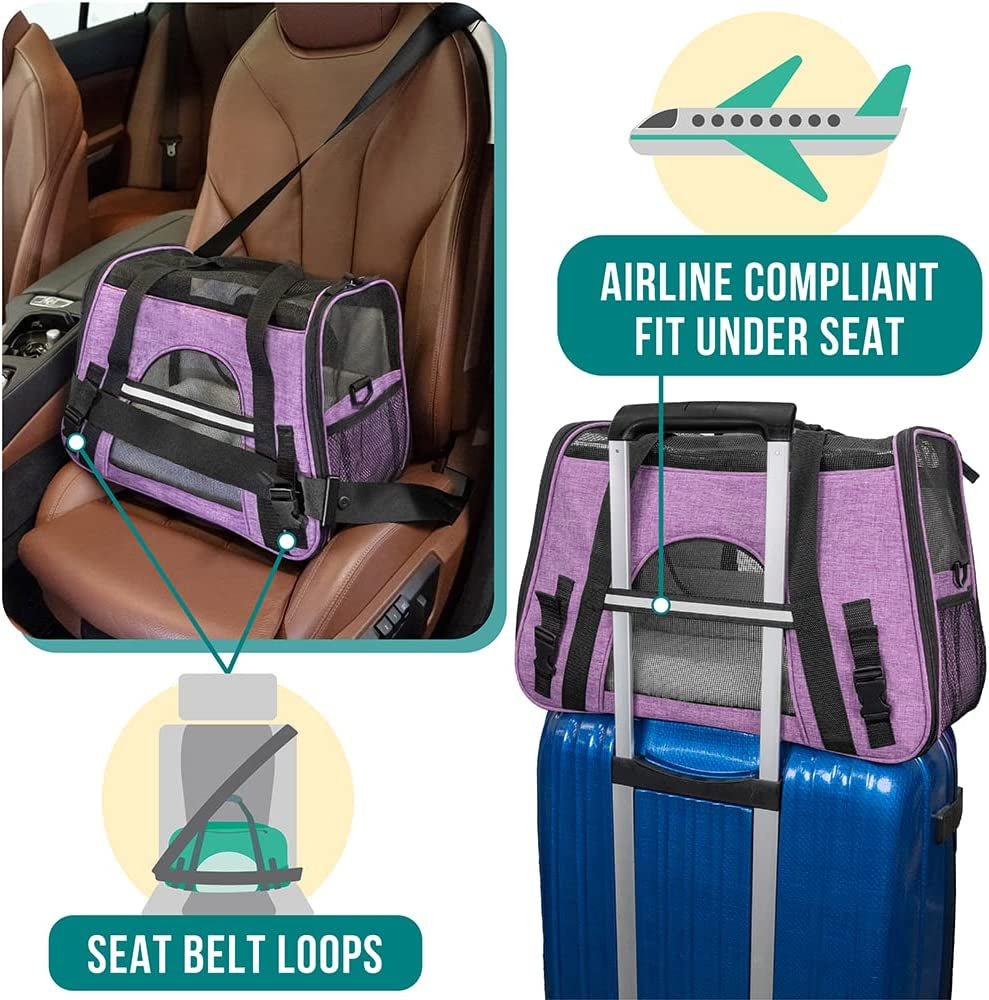 Airline-Approved Soft-Sided Pet Carrier for Cats and Small Dogs, Featuring Sherpa Bed, Breathable Mesh Ventilation, and Collapsible Bowl, Accommodates Pets Up to 18 lbs, Large Heather Purple