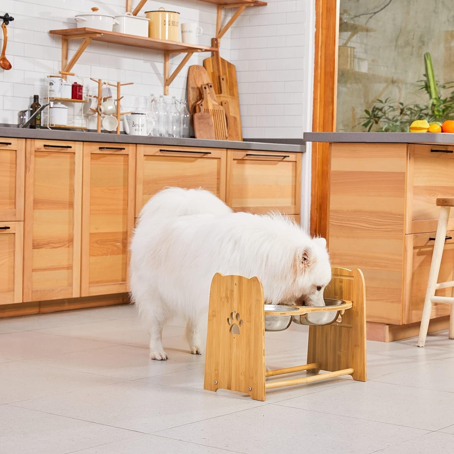Adjustable Bamboo Elevated Dog Bowls for Cats and Dogs, Stainless Steel Anti-Slip Feet 