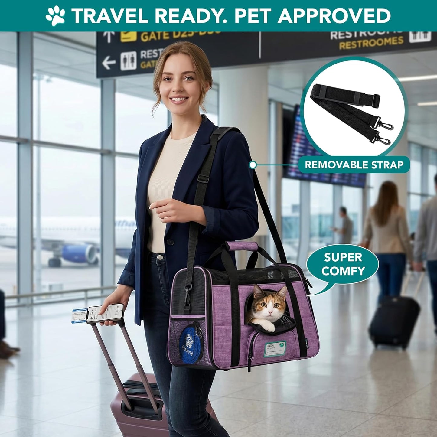 Airline-Approved Soft-Sided Pet Carrier for Cats and Small Dogs, Featuring Sherpa Bed, Breathable Mesh Ventilation, and Collapsible Bowl, Accommodates Pets Up to 18 lbs, Large Heather Purple
