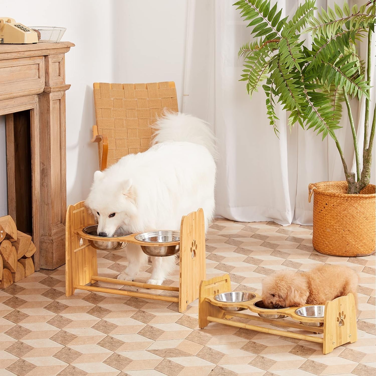 Adjustable Bamboo Elevated Dog Bowls for Cats and Dogs, Stainless Steel Anti-Slip Feet 