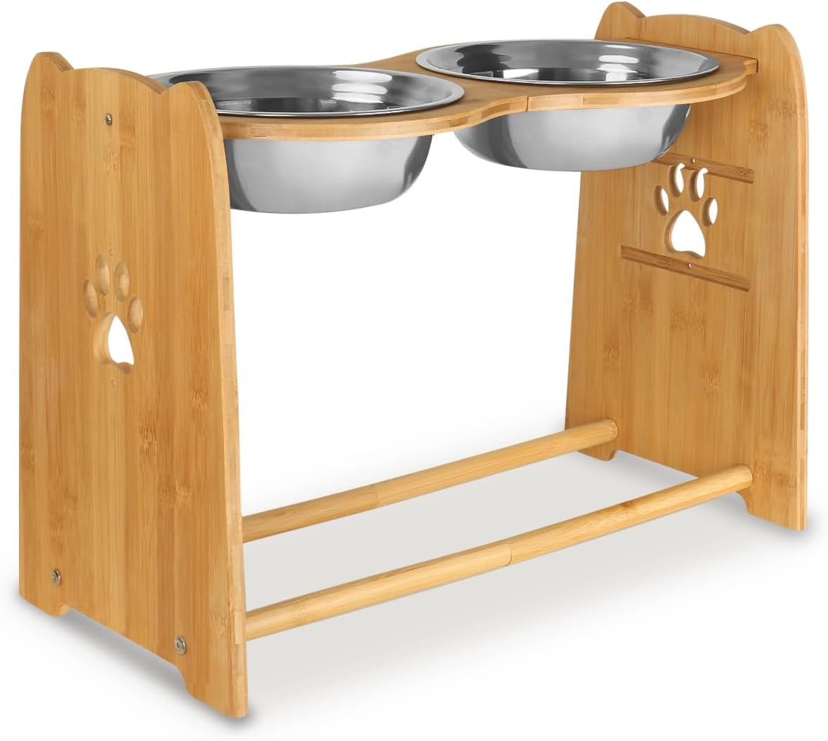 Adjustable Bamboo Elevated Dog Bowls for Cats and Dogs, Stainless Steel Anti-Slip Feet 